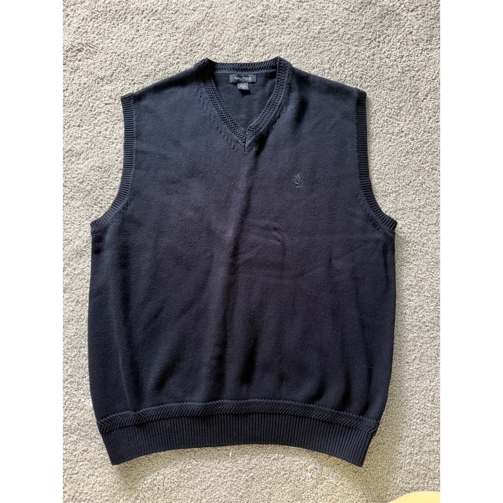 Nautica Navy Hairbone Stitch V-neck Sweater Vest. Size X-Large